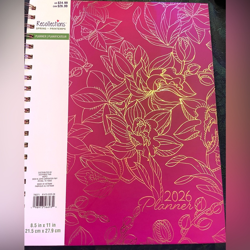 Hardcover Large 2026 Organizational Planner, Beautiful Red Gold Foil Floral